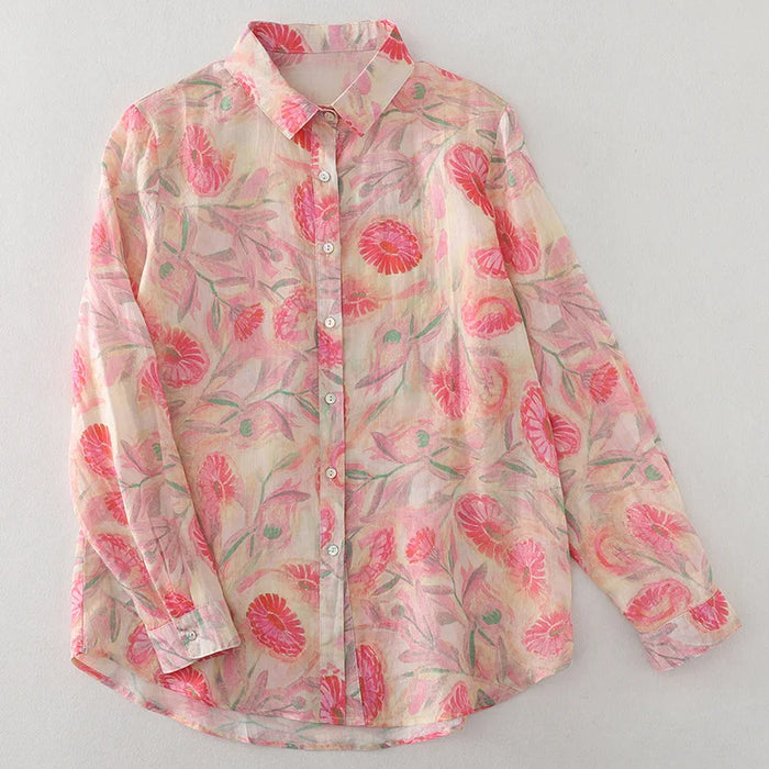Women's Floral Cotton Linen Shirt – French Artistic Print Long Sleeve Blouse