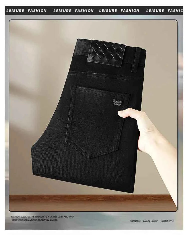 Men's Pure Black Slim Fit Jeans – Light Luxury Stretch Straight Leg Pants 2025