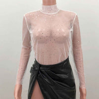 Women's Lace Mesh Sheer Crop Top – Rhinestone Turtleneck Long Sleeve Cover Up