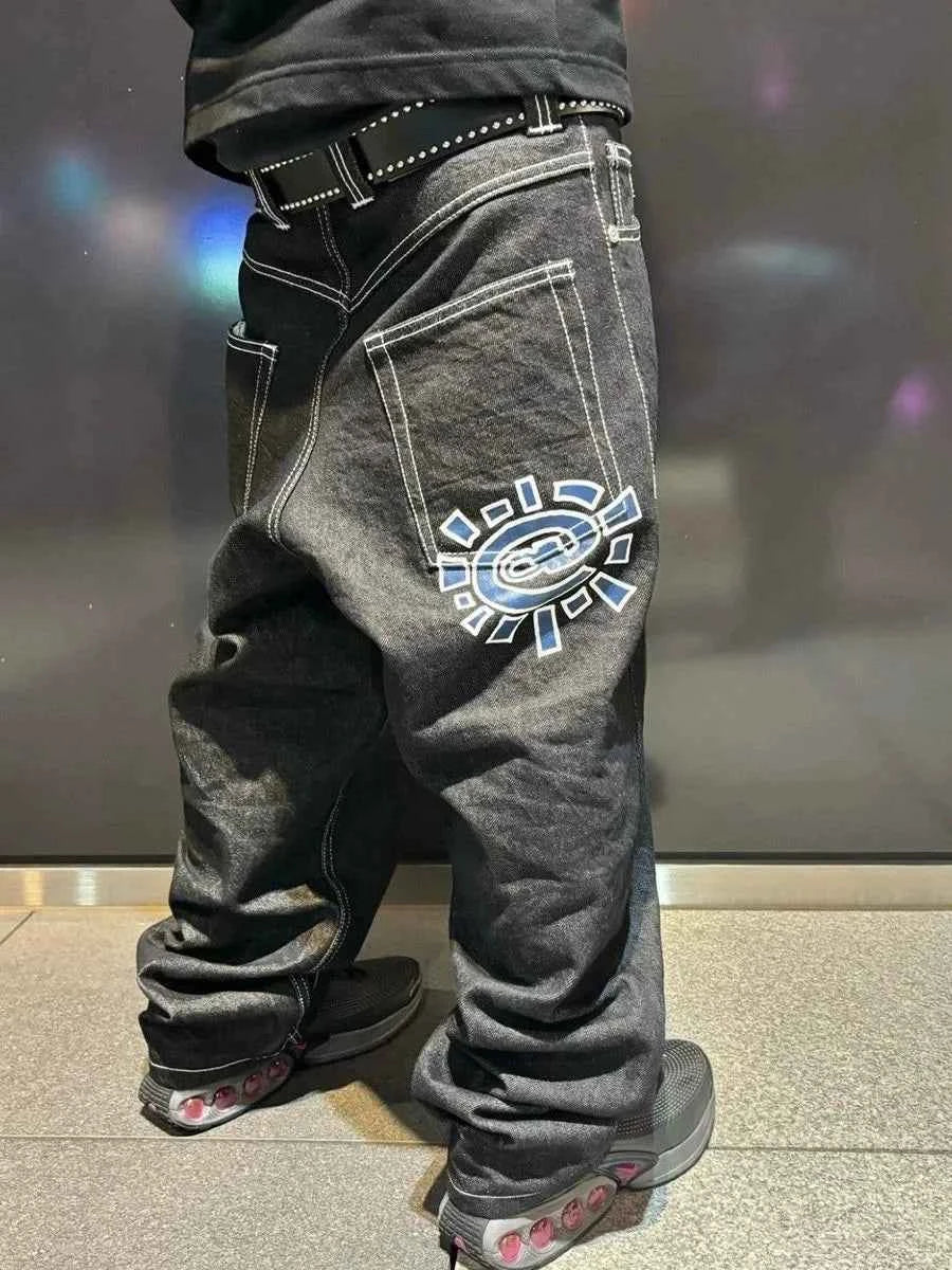 Men's Printed Embroidered Straight Jeans – Trendy Black Streetwear Denim Pants