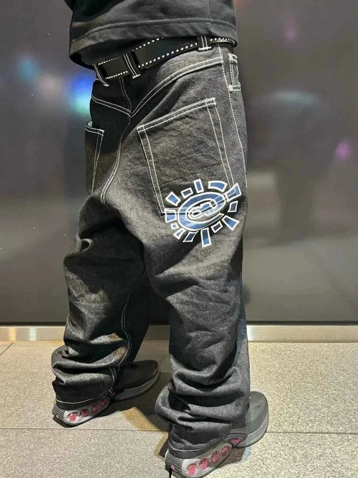 Men's Printed Embroidered Straight Jeans – Trendy Black Streetwear Denim Pants