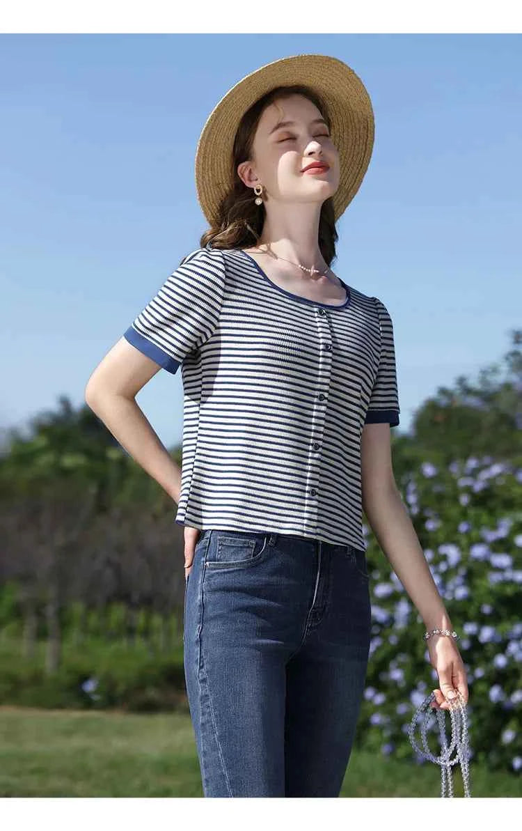 I BELIEVE YOU Women's Striped Slim Knit Top – Casual Retro Summer Round Neck Tee