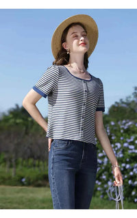 I BELIEVE YOU Women's Striped Slim Knit Top – Casual Retro Summer Round Neck Tee