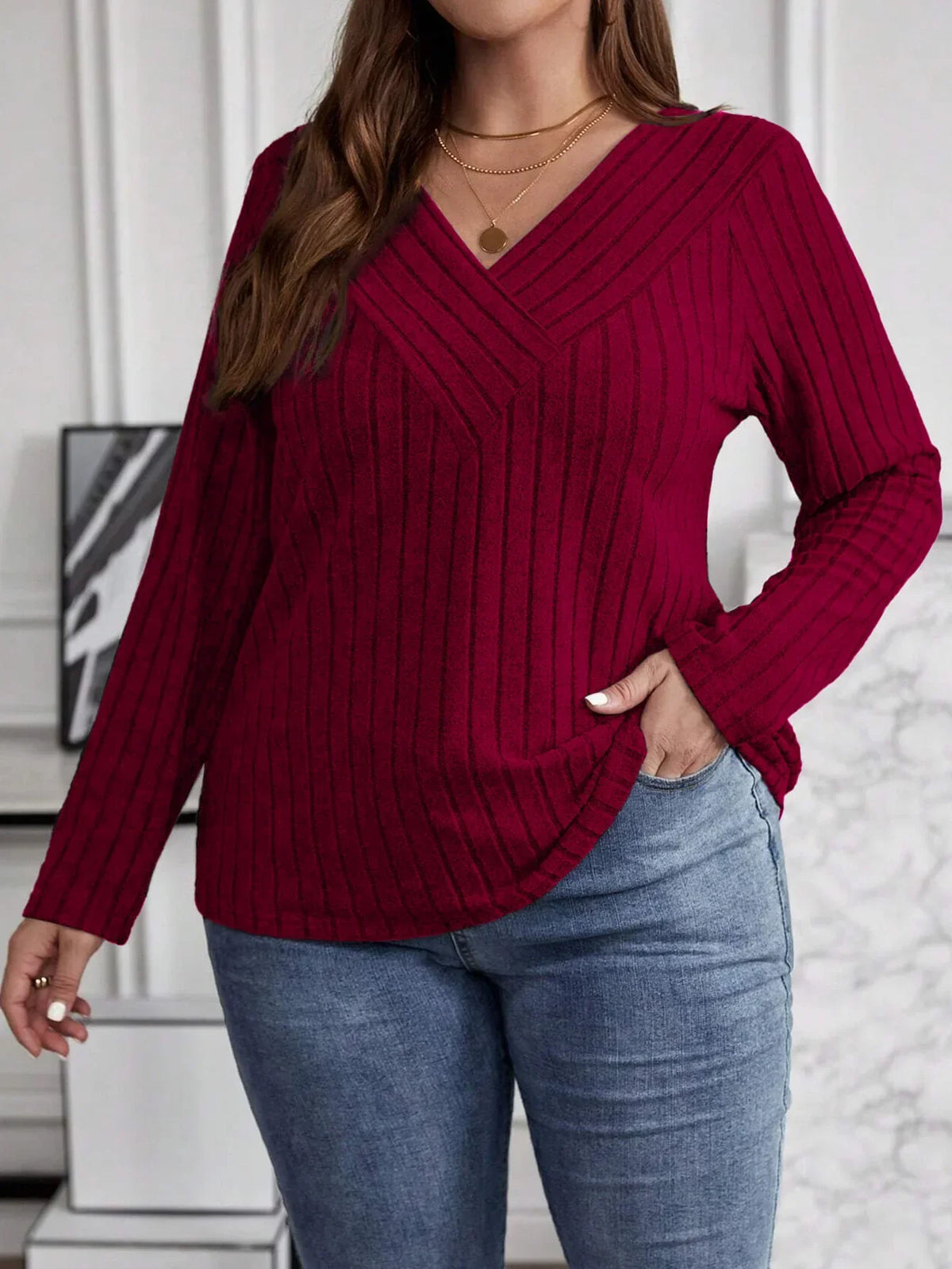 Women's Plus Size V-Neck Sweater – Solid Color Long Sleeve Pullover Top