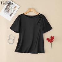 Women's Satin Office Blouse – Elegant Short Sleeve O-Neck Work Top 2025