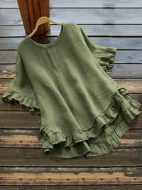 Women's Plus Size Ruffled Hem T-Shirt – Casual Short Sleeve Back Button Top