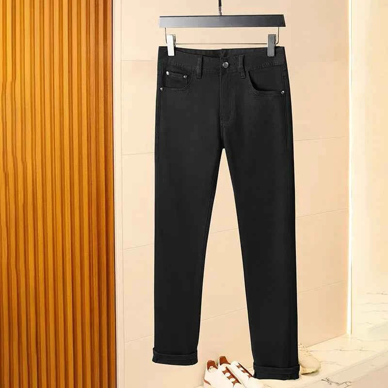Men's Pure Black Slim Fit Jeans – Light Luxury Stretch Straight Leg Pants 2025