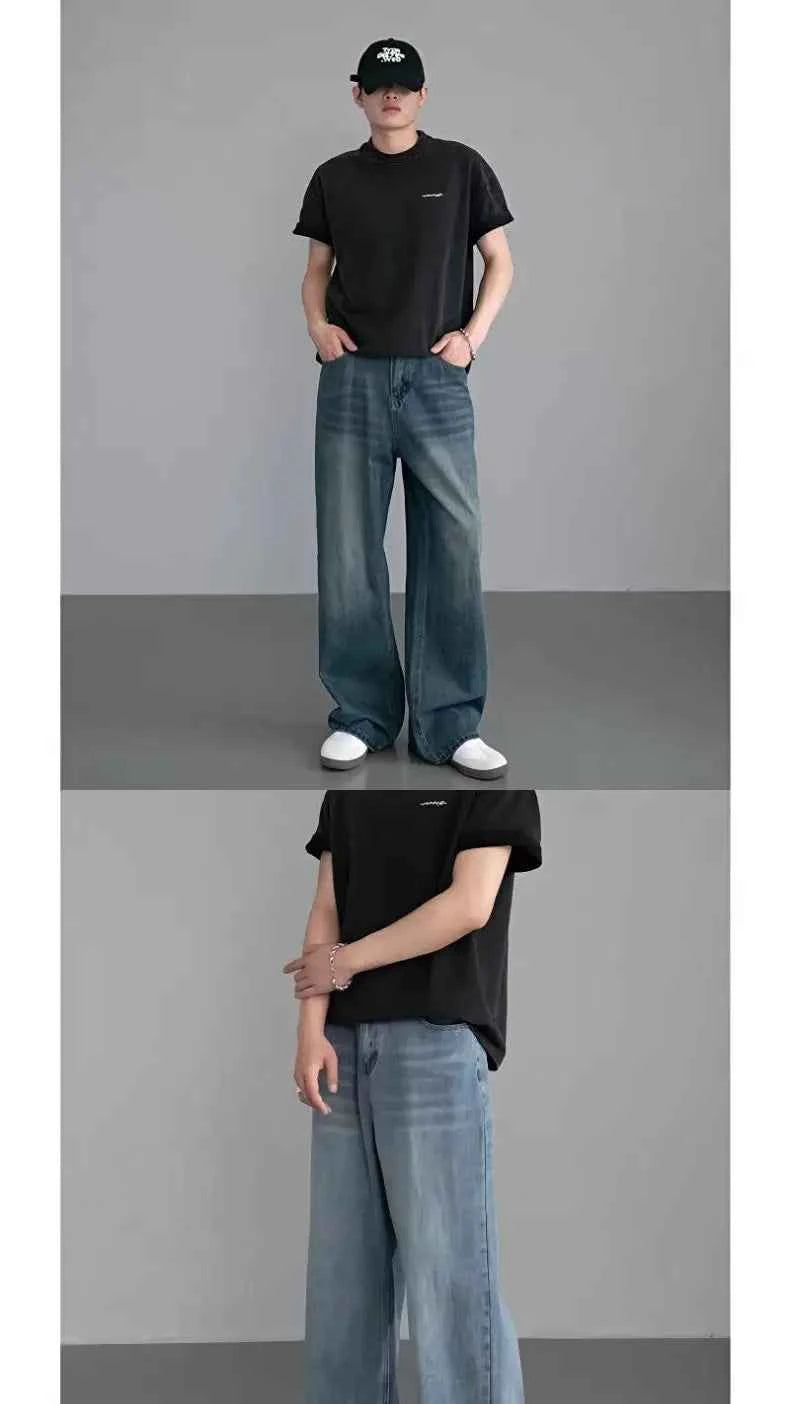 Men's Black Wide Leg Retro Jeans – Washed Loose Straight Cleanfit Denim Pants