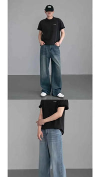 Men's Black Wide Leg Retro Jeans – Washed Loose Straight Cleanfit Denim Pants