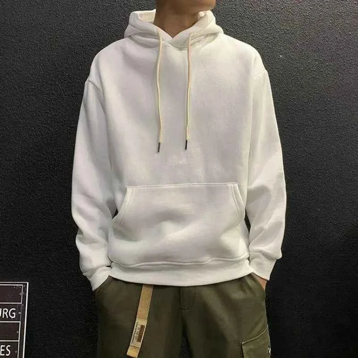 Men's Green Fleece Hooded Sweatshirt – Solid Color Casual Pullover Hoodie