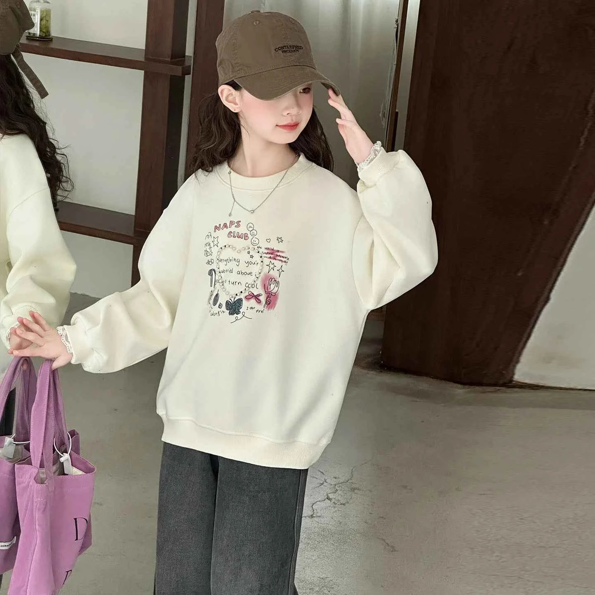 Girls Heart Pearl Sweatshirt – Kids Long Sleeve Casual Fashion Hoodie