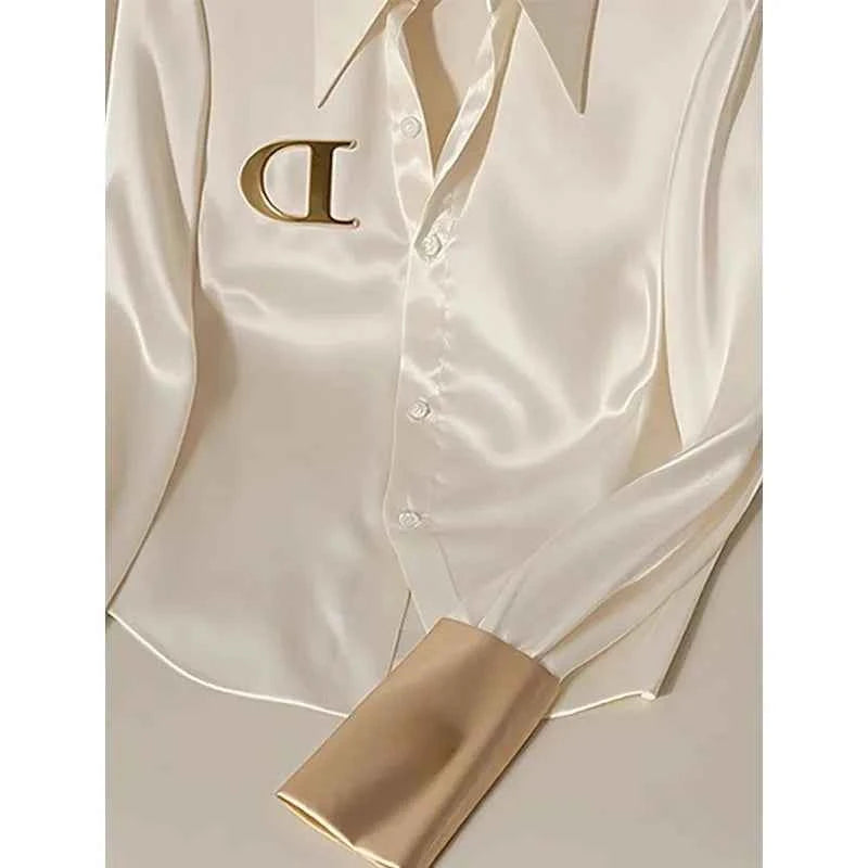Women's Acetate Satin White Shirt – High-End Western Style Elegant Blouse
