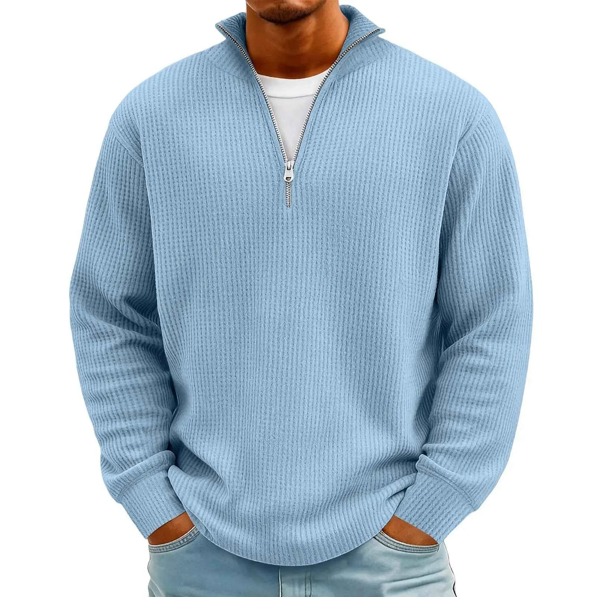 Men's Waffle Long Sleeve Polo T-Shirt – Casual Loose Fit Zipper Collar Sweatshirt