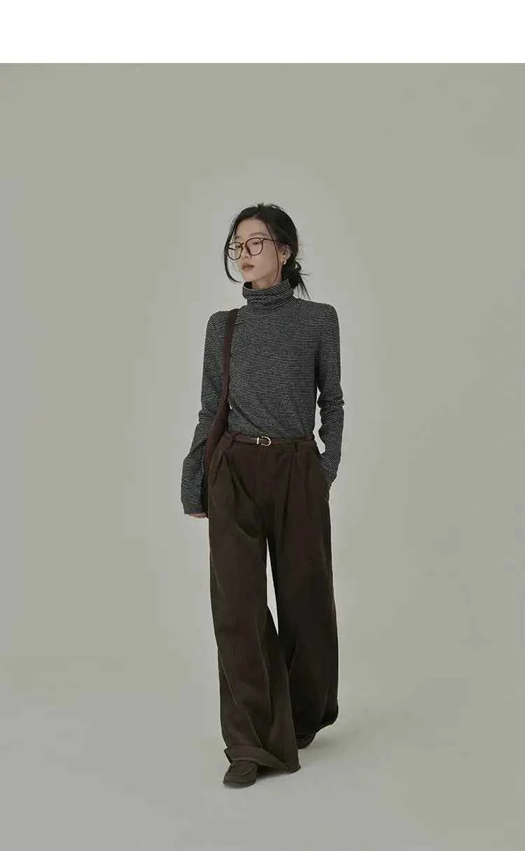 Women's Striped Long Sleeve Turtleneck T-Shirt – Cozy Elegant Korean Style Casual Spring T-Shirt