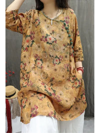 Women's Artistic Retro Print Dress Shirt – Casual Loose Mid-Length V-Neck Top