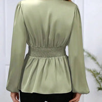 Women's Pleated Cinched Waist Shirt – Elegant Long Sleeve Slimming Top
