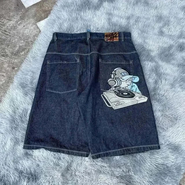 Harajuku style loose denim shorts with gothic pockets and cartoon design