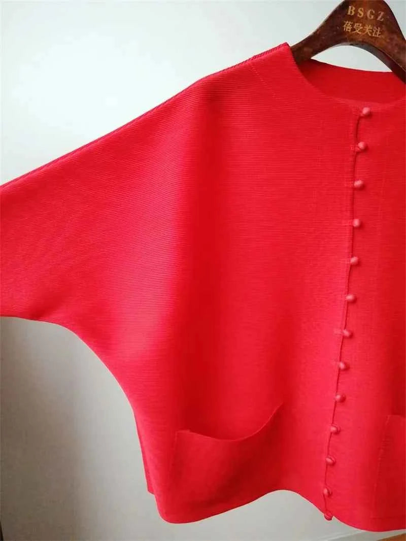 Women's Bat Sleeve Pleated T-Shirt Jacket – Loose Fit Single Breasted Top