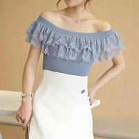 Women's Lace Ruffle Summer Blouse – Sweet Patchwork Knitted Tunic Top