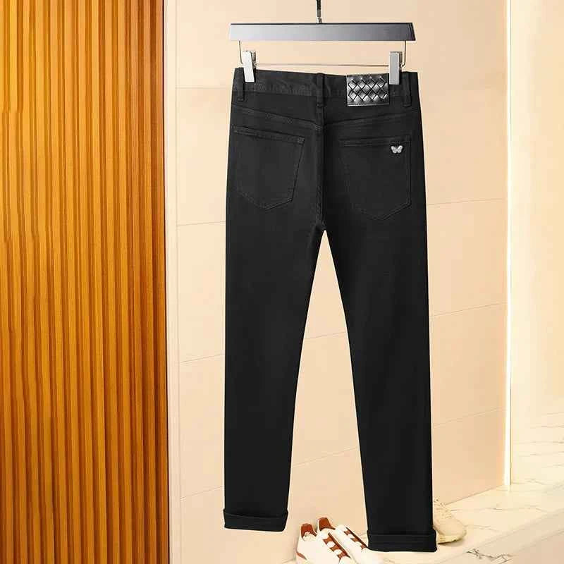 Men's Pure Black Slim Fit Jeans – Light Luxury Stretch Straight Leg Pants 2025