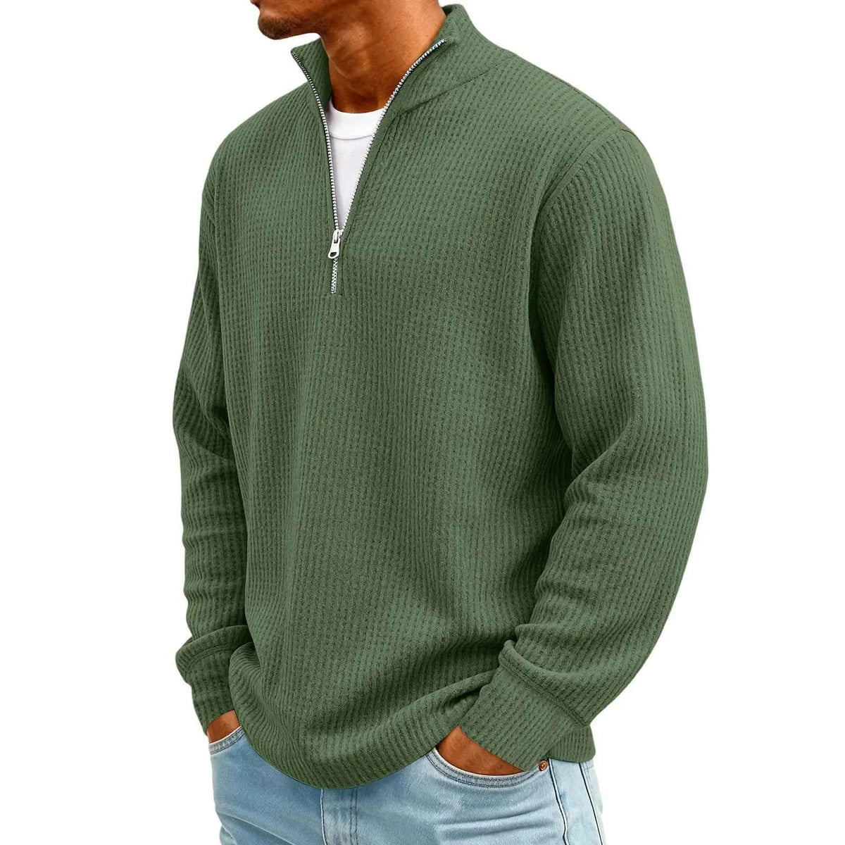 Men's Waffle Long Sleeve Polo T-Shirt – Casual Loose Fit Zipper Collar Sweatshirt