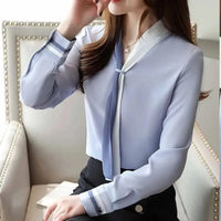 Women's Vintage Chiffon Office Blouse – Elegant V-Neck Long Sleeve Office Shirt