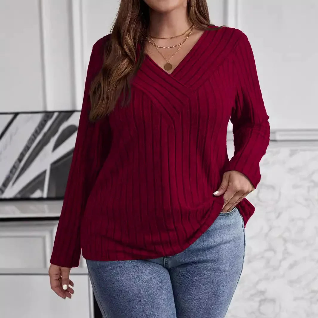 Women's Plus Size V-Neck Sweater – Solid Color Long Sleeve Pullover Top