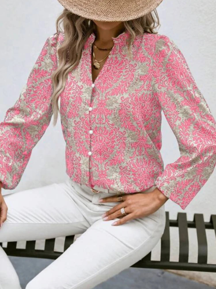 Women's Printed Lantern Sleeve V-Neck Shirt – V-Neck Embellished Button-Up Top