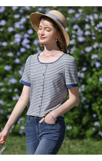 I BELIEVE YOU Women's Striped Slim Knit Top – Casual Retro Summer Round Neck Tee