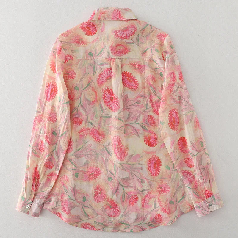 Women's Floral Cotton Linen Shirt – French Artistic Print Long Sleeve Blouse
