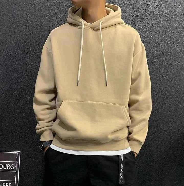Men's Green Fleece Hooded Sweatshirt – Solid Color Casual Pullover Hoodie