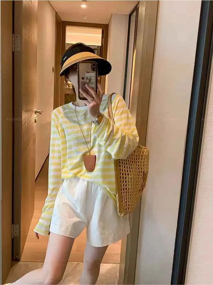 Women's Striped Loose Fit Summer T-Shirt – Trendy Korean Style Sun-Proof Summer Top