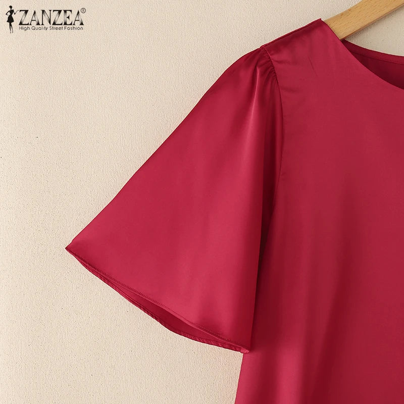 Women's Satin Office Blouse – Elegant Short Sleeve O-Neck Work Top 2025