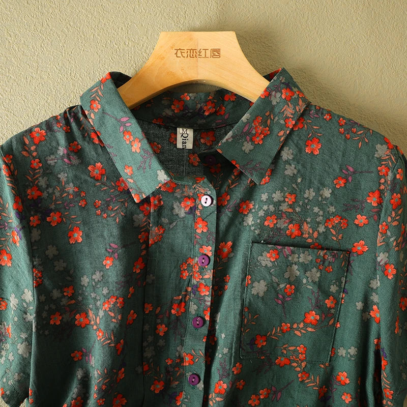 Women's Vintage Floral Print Blouse – Loose Short Sleeve Casual Summer Top