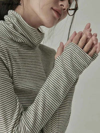 Women's Striped Long Sleeve Turtleneck T-Shirt – Cozy Elegant Korean Style Casual Spring T-Shirt
