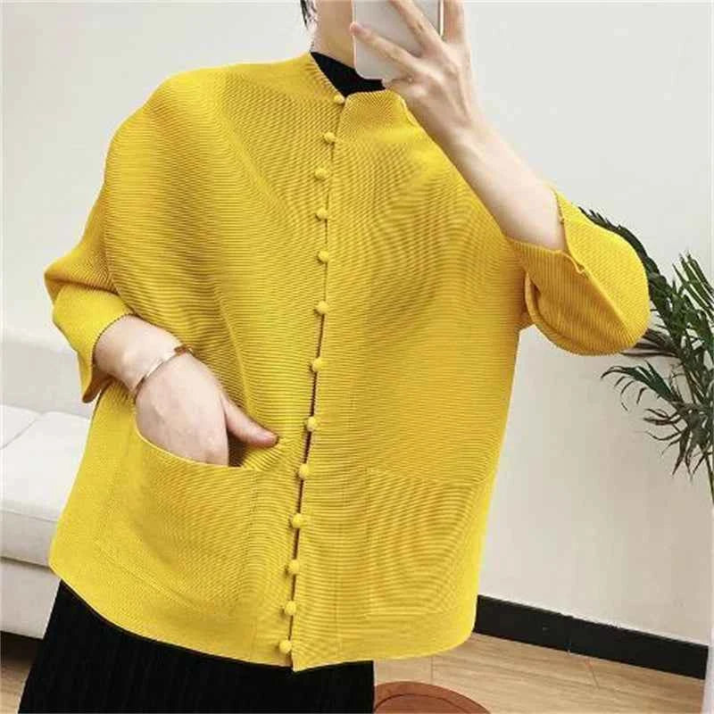 Women's Bat Sleeve Pleated T-Shirt Jacket – Loose Fit Single Breasted Top