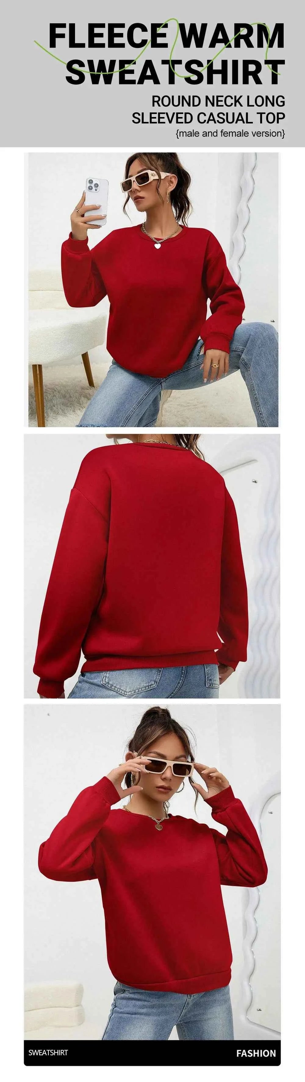 Women's Casual Solid Color Sweatshirt – Loose Fit Crewneck Fashion Pullover