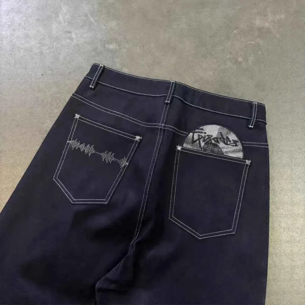 Retro Black Embroidered Wide Leg Jeans – Hip Hop Harajuku Streetwear Pants