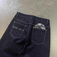 Retro Black Embroidered Wide Leg Jeans – Hip Hop Harajuku Streetwear Pants