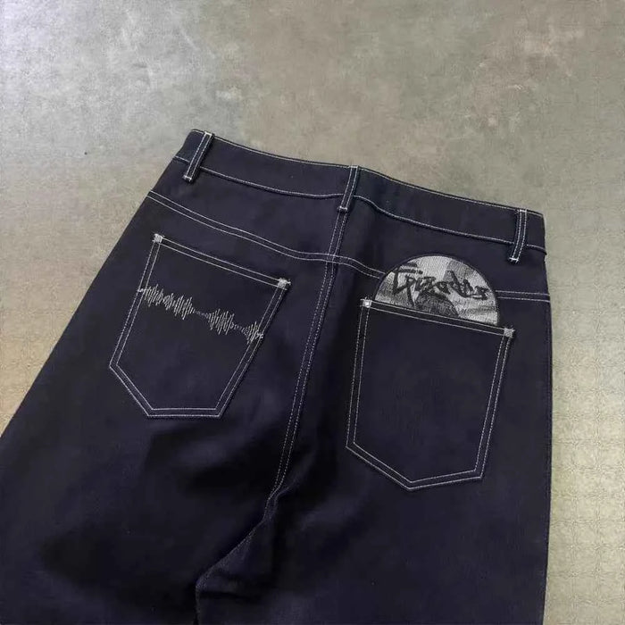 Retro Black Embroidered Wide Leg Jeans – Hip Hop Harajuku Streetwear Pants