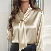 Women's Satin Long Sleeve Office Blouse – Elegant Solid Color Office Pullover