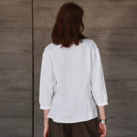 Women's Linen V-Neck Shirt – Premium White Retro Three-Quarter Sleeve Top