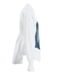 Women's Striped Denim Spliced Blouse – Elegant Lapel Long Sleeve Shirt 2026