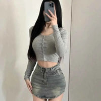 Women's Long Sleeve Crop T-Shirt – Slim Fit Single Breasted Streetwear Top