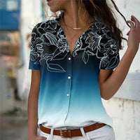 Women's Floral Gradient Tie-Dye Blouse – 3D Flower Short Sleeve Summer Top