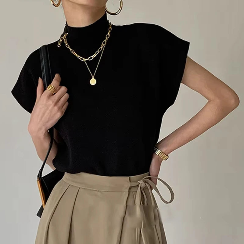 Women's Stand Collar Knitted Vest Top – Slim Fit Elegant Office Shirt