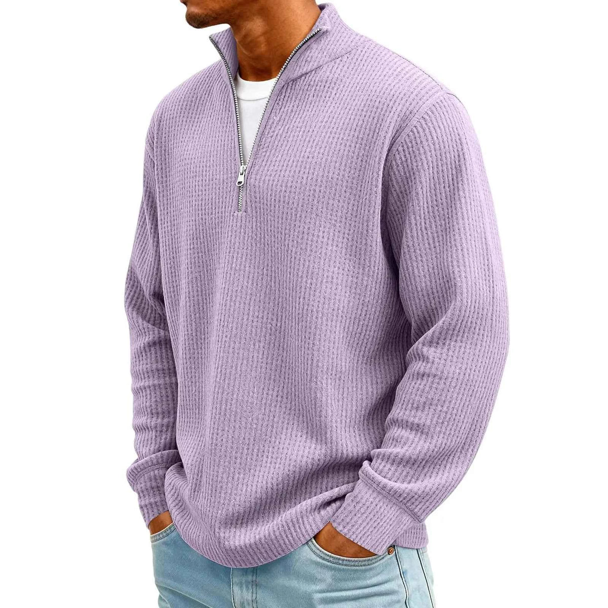 Men's Waffle Long Sleeve Polo T-Shirt – Casual Loose Fit Zipper Collar Sweatshirt