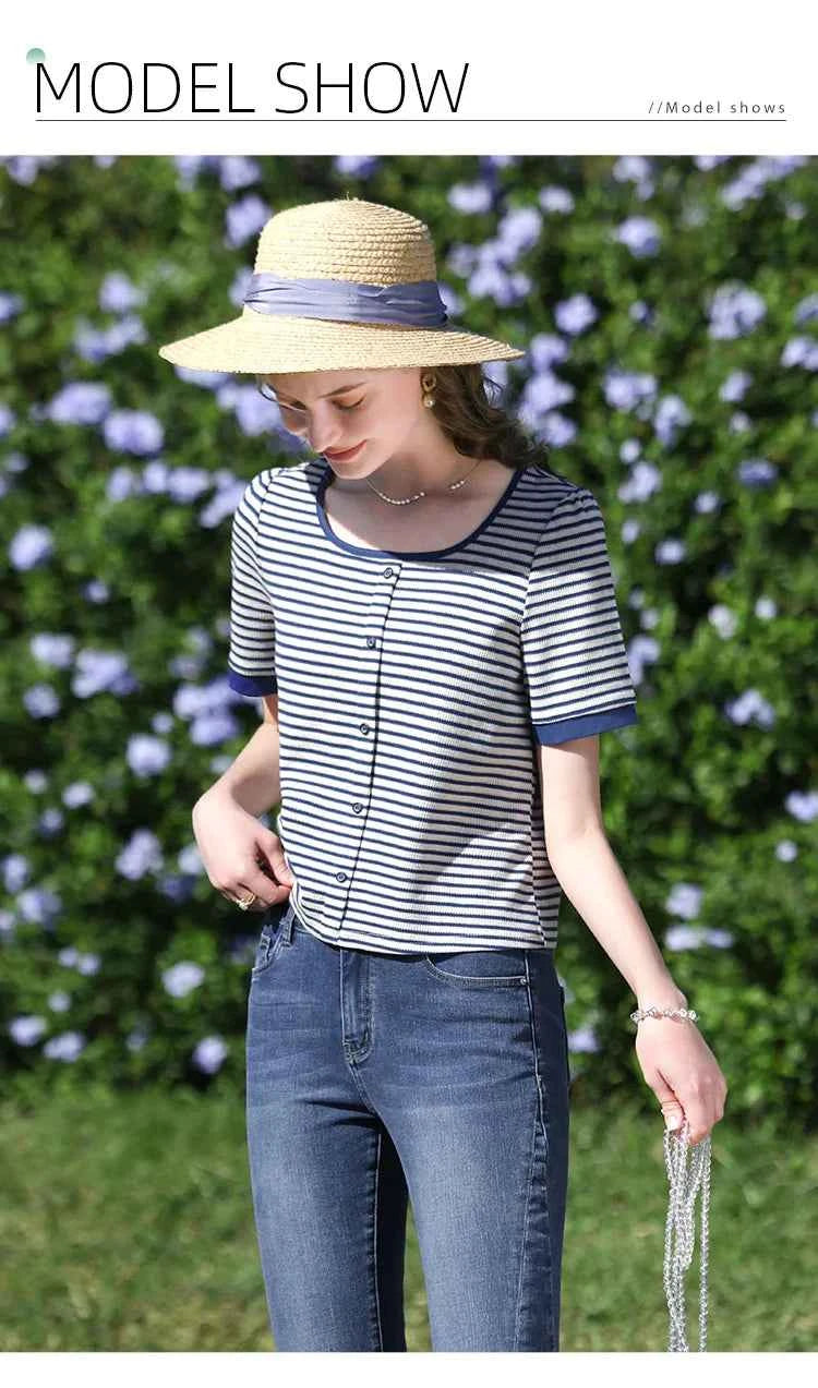 I BELIEVE YOU Women's Striped Slim Knit Top – Casual Retro Summer Round Neck Tee