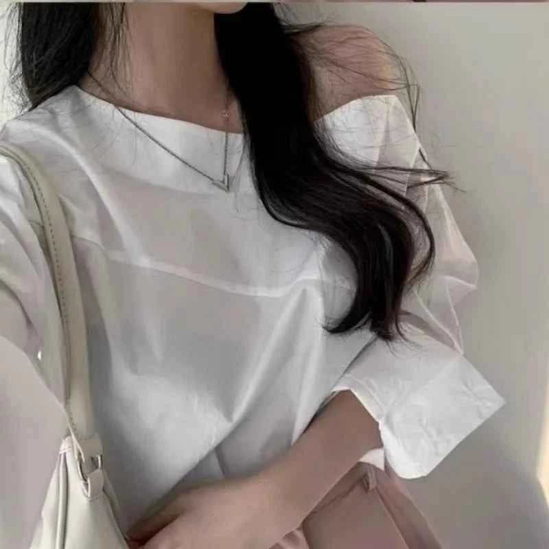 Women's Off Shoulder White Blouse – Elegant Long Sleeve Office Top