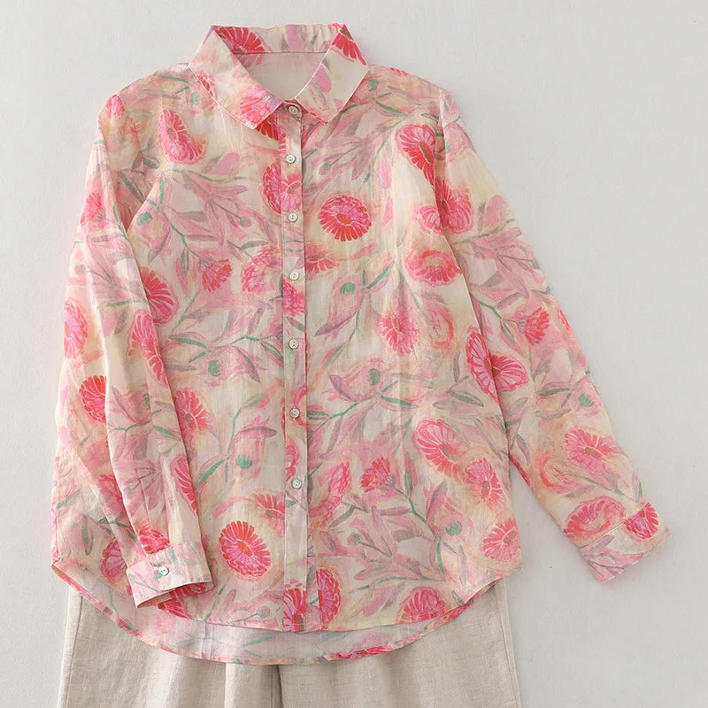 Women's Floral Cotton Linen Shirt – French Artistic Print Long Sleeve Blouse